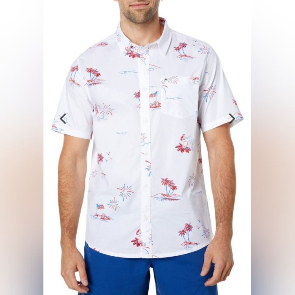 Quicksilver LRegularFit Shrtslvs WhiteBeachTravelPrintButtonUp PocketMen'sShirt.